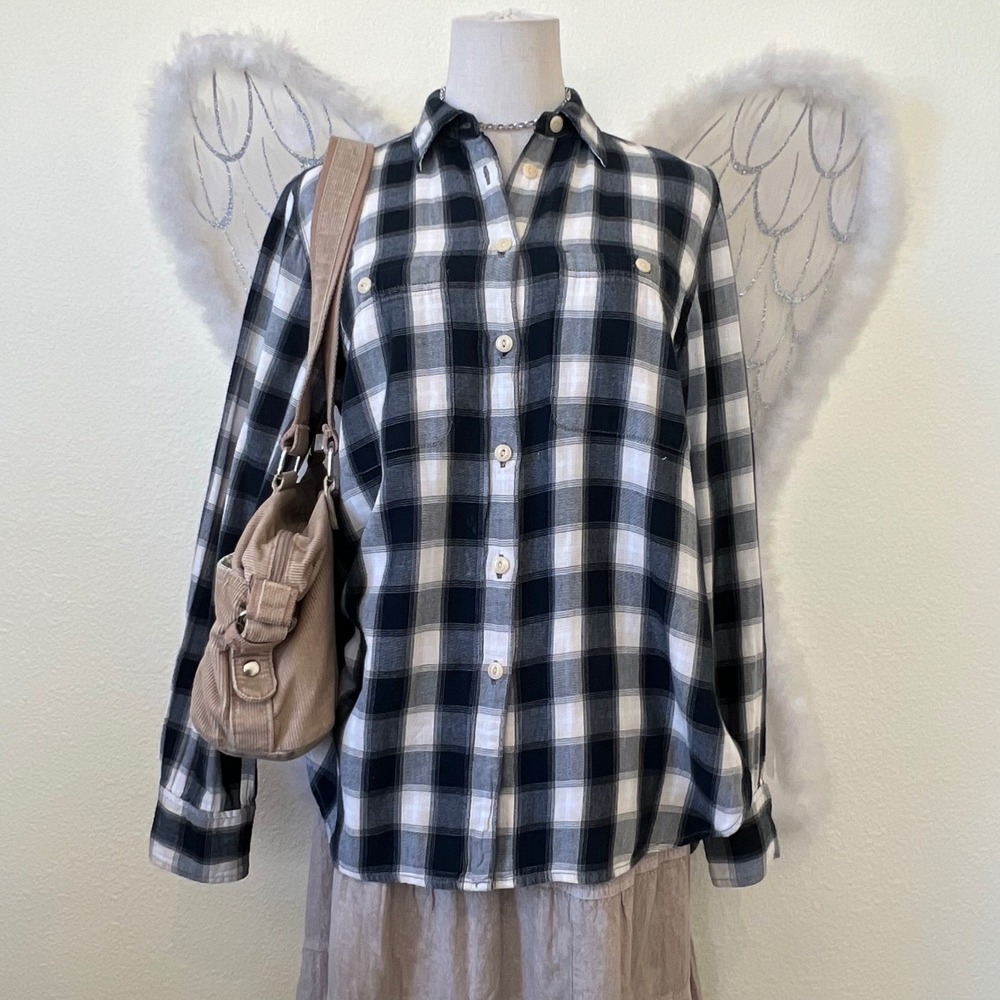 Cottagecore Prarie Plaid Long Sleeve Button Down Shirt Blue White Buffalo Plaid